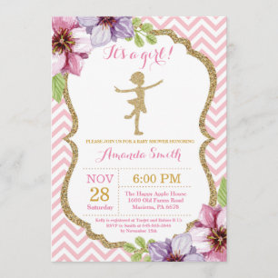 Ballerina Baby Shower Pink and Gold Glitter Invitation