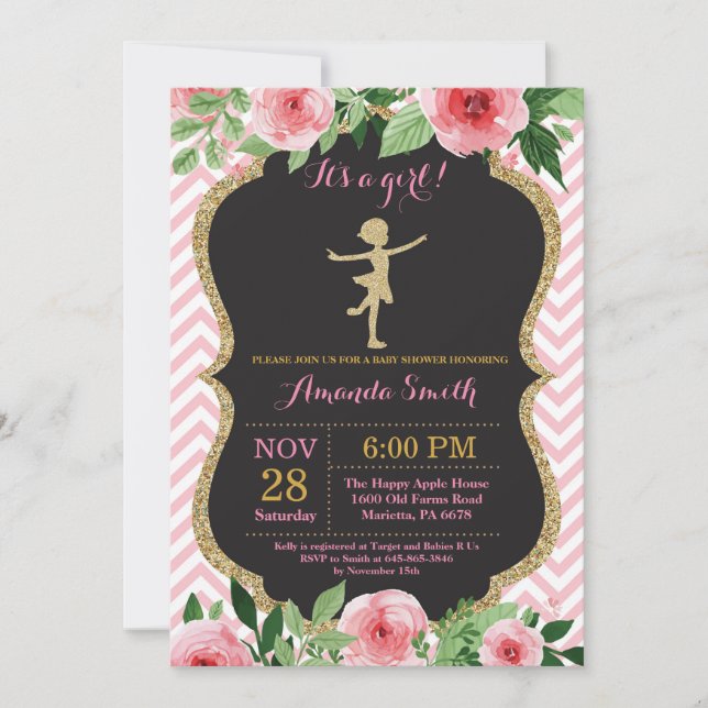 Ballerina Baby Shower Pink and Gold Glitter Invitation (Front)
