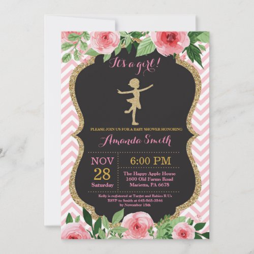 Ballerina Baby Shower Pink and Gold Glitter Invitation