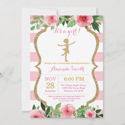 Ballerina Baby Shower Pink and Gold Glitter Invitation