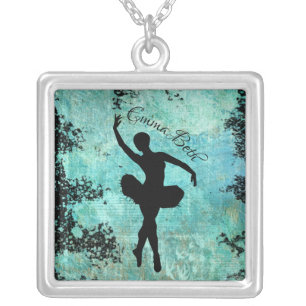 Ballerina Ballet Dancer Silhouette in Blue Silver Plated Necklace