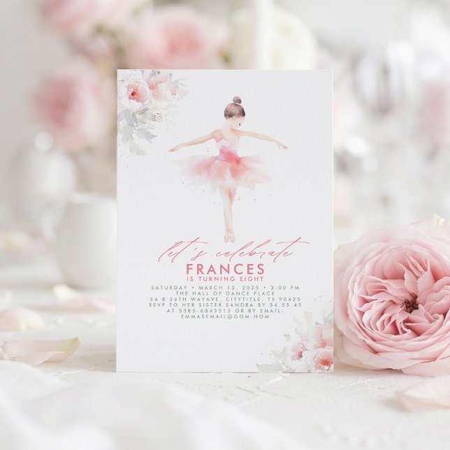 Ballerina Ballet Floral Pink Birthday Party Invitation (Dreamy Elegant Pink Dress Ballerina Birthday Invitation)