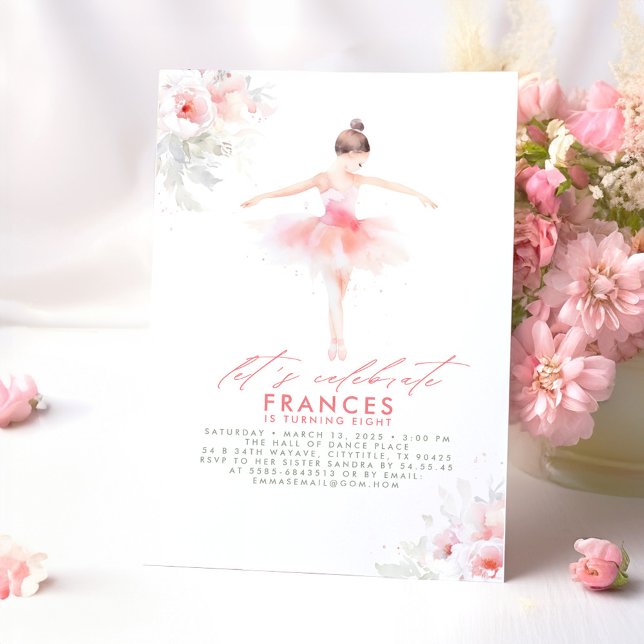 Ballerina Ballet Floral Pink Birthday Party Invitation (Ballerina in Pink Dress Birthday Invitations)