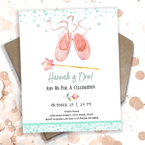 Ballerina Ballet Slippers 1st Birthday Girl Invitation