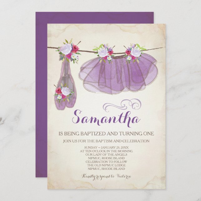 Ballerina Baptism and Birthday Tutu Ballet Shoes Invitation (Front/Back)