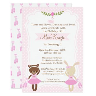 Ballerina Bear and Bunny Girl birthday invitation