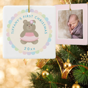 Ballerina Bear   Baby Girl First Christmas Photo Ceramic Ornament