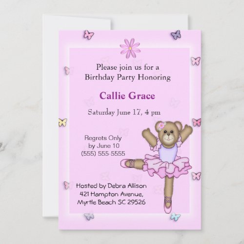 Ballerina Bear  Birthday Party Invitations