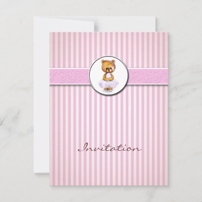 Ballerina Bear Pink Candy Stripe Invitation (Front)
