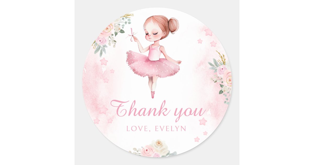 Ballerina birthday girl thank you round stickers | Zazzle