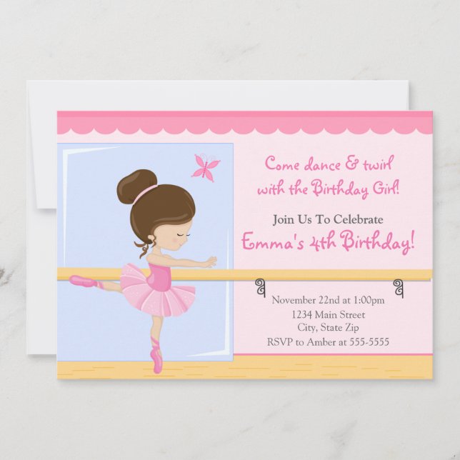 Ballerina Birthday Invitation Brunette 5x7 Card (Front)