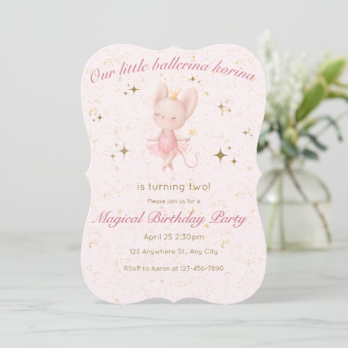 Ballerina Birthday Invitation in pink and Gold 