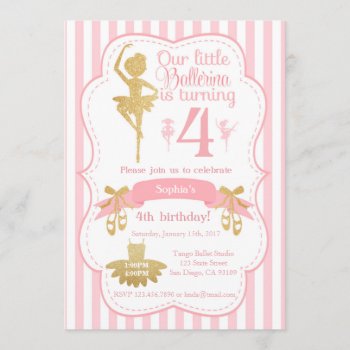 Ballerina Birthday Invitation In Pink And Gold by Pixabelle at Zazzle