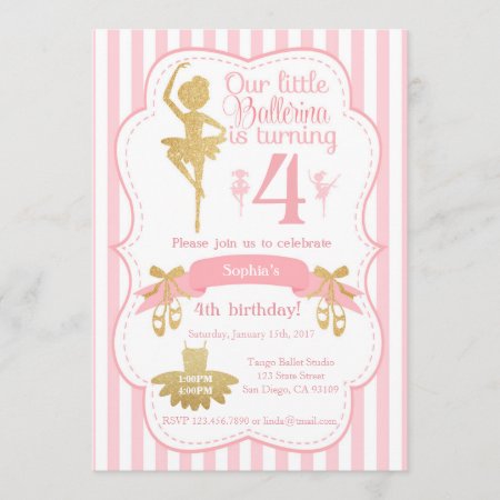 Ballerina Birthday Invitation In Pink And Gold