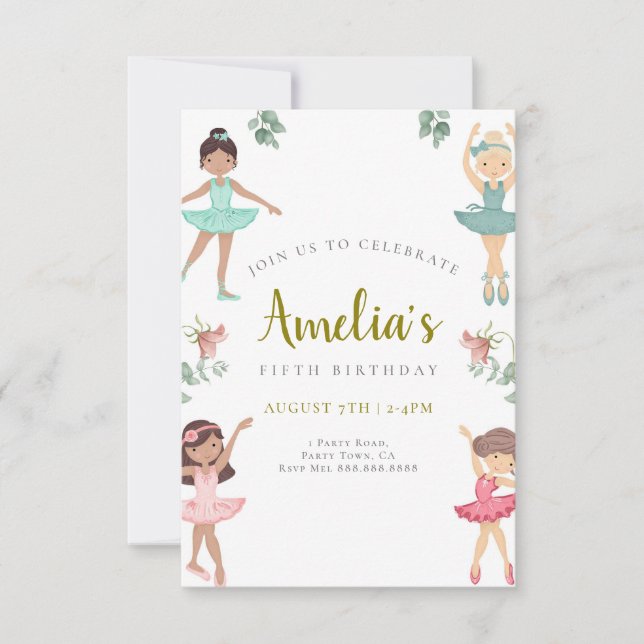 Ballerina Birthday Invitation Pink and Gold (Front)