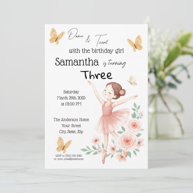 Ballerina Birthday Invitation – Pink Ballet Party  (Standing Front)