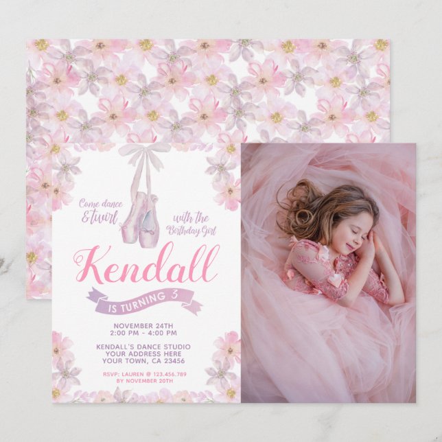 Ballerina Birthday Invitation with photo (Front/Back)