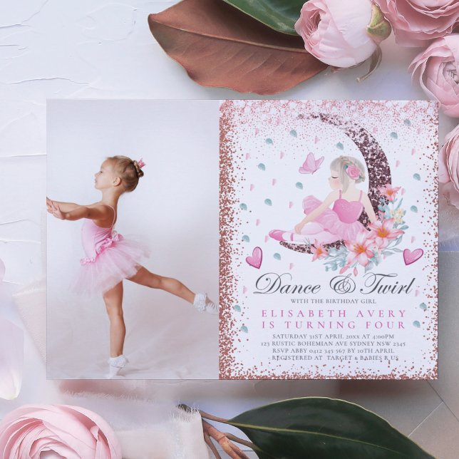 Ballerina Birthday Moon Dance & Twirl Photo Invitation