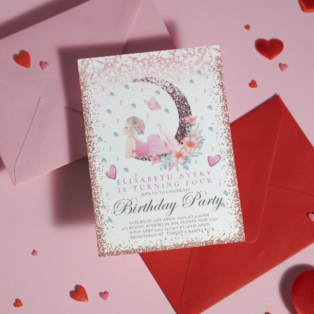 Ballerina Birthday Moon Pastel Pink Glitter Invitation (Creator Uploaded)