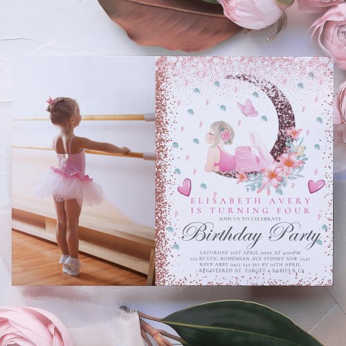 Ballerina Birthday Moon Pastel Pink Glitter Photo Invitation