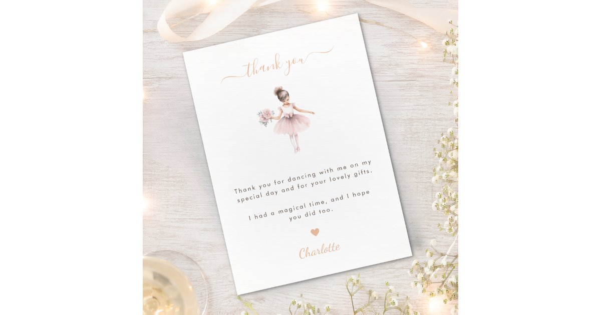 Ballerina Birthday Party Girl Pink Elegant Thank You Card | Zazzle