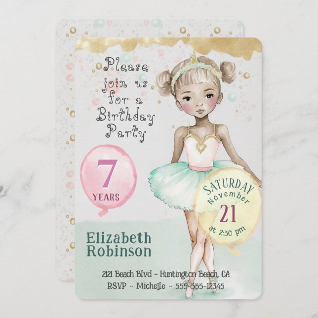  Ballerina Birthday Party Invitation (Front/Back)