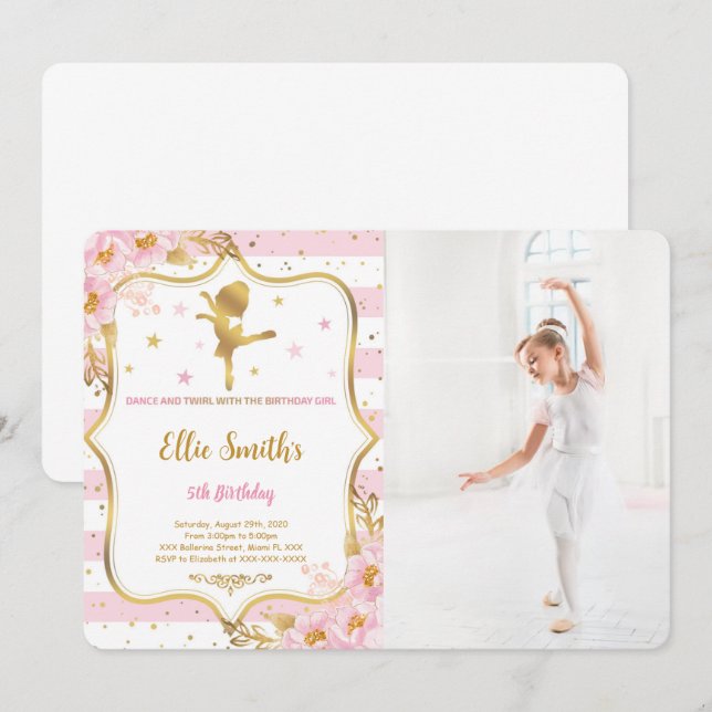 Ballerina Birthday Photo Invitation (Front/Back)