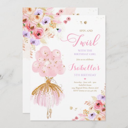 Ballerina Birthday Pink  Gold Floral Ballerina Invitation