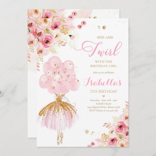 Ballerina Birthday Pink  Gold Floral Ballerina Invitation