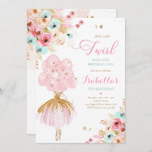 Ballerina Birthday Pink Mint & Gold Floral Ballet Invitation