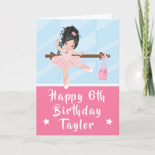 Ballerina Black Hair Girl Pink Happy Birthday Card