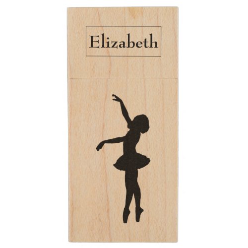 Ballerina Black Silhouette Personalized Wood Flash Drive
