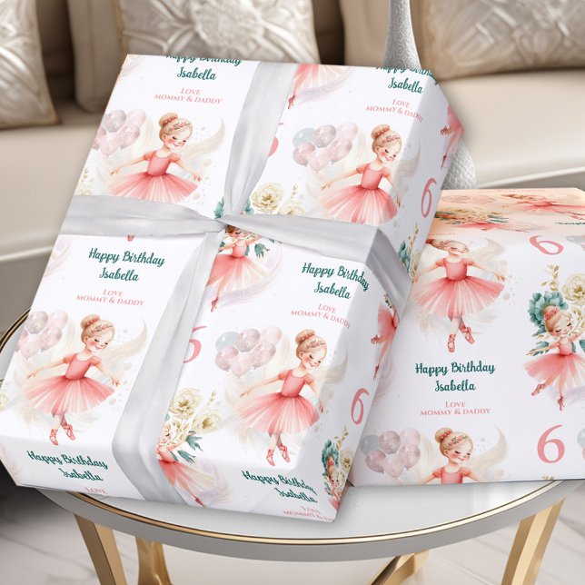 Ballerina Blond Girl Birthday Pink Custom Name Wrapping Paper (Ballerina Blond Girl Birthday Pink Custom Name Wrapping Paper)