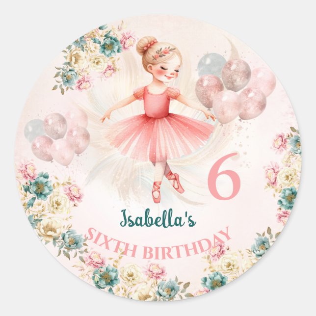 Ballerina Blond Pink Teal Floral Birthday Classic Round Sticker (Front)