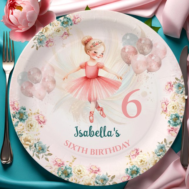Ballerina Blond Pink Teal Floral Birthday Paper Plates (Ballerina Blond Pink Teal Floral Birthday Paper Plates)