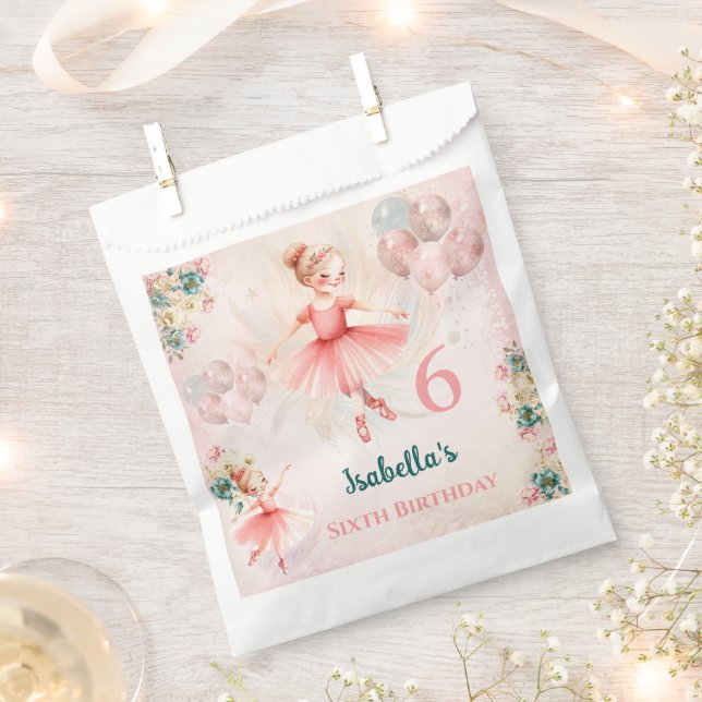 Ballerina Blond Pink Teal Floral Girly Birthday Favor Bag (Clipped)