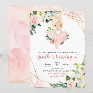 Ballerina Blonde Girl Pink Gold Floral Invitation