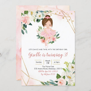 Ballerina Blonde Girl Pink Gold Floral Invitation
