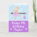 Ballerina Blonde Hair Girl Purple Happy Birthday C Card<br><div class="desc">An adorable blonde haired ballerina in a purple tutu performing ballet beside a ballet barre in front of a mirror.
Graphics by MUJKA and PrettyGrafik</div>