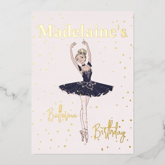 Ballerina Blue TuTu Girls Birthday Party Foil Invitation (Front)