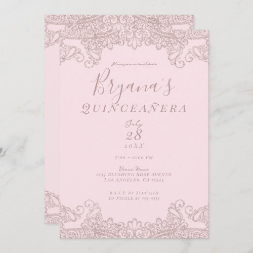 Ballerina Blush Pink Glitter Lace Quinceaera Invitation