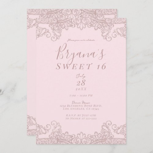 Ballerina Blush Pink Glitter Lace Sweet 16 Party  Invitation