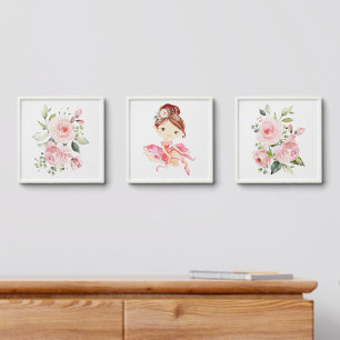 Ballerina, Brown Hair, Pink Flowers, Girl Nursery Peel And Stick Photo Tile