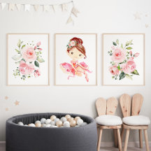 Ballerina, Brown Hair, Pink Flowers, Girl Nursery