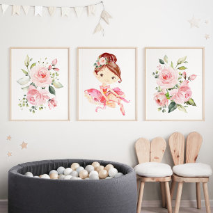 Ballerina, Brown Hair, Pink Flowers, Girl Nursery Wall Art Sets