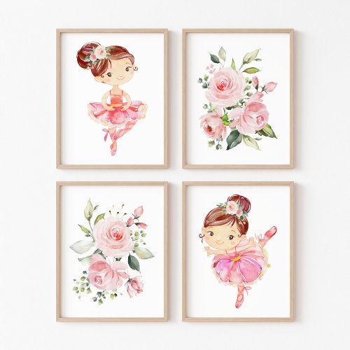 Ballerina Brown Hair Pink Flowers Girl Nursery Wall Art Sets