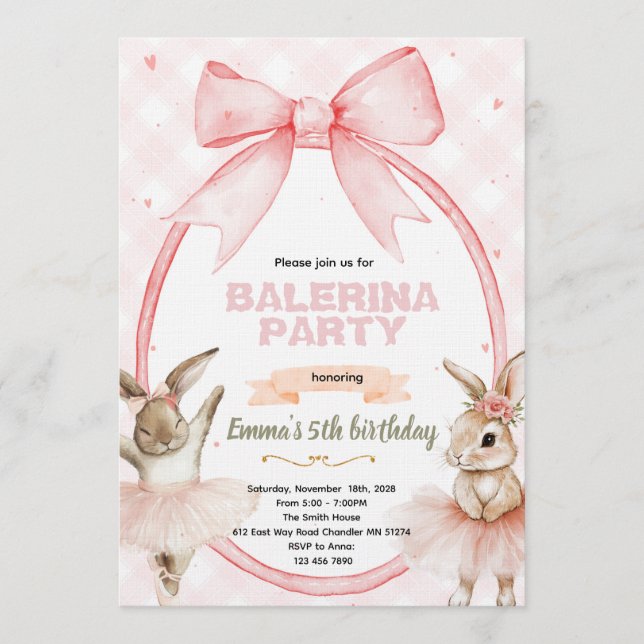 Ballerina Bunny Birthday Invitation (Front)