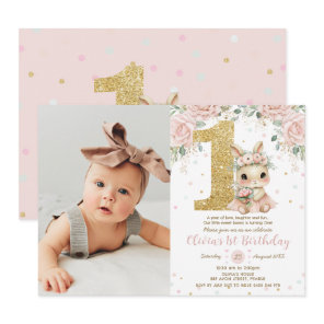 Ballerina Bunny Rabbit Blush 1st Birthday Photo Invitation
