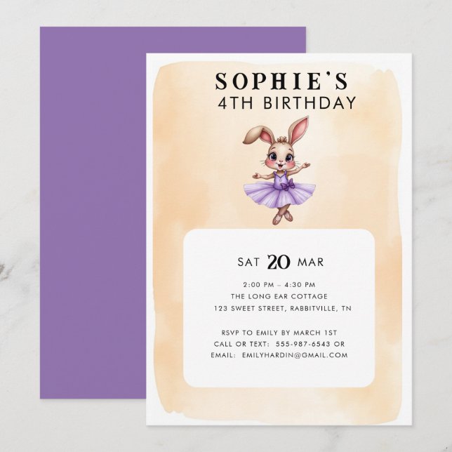 Ballerina Bunny Theme Birthday Party Invitation (Front/Back)