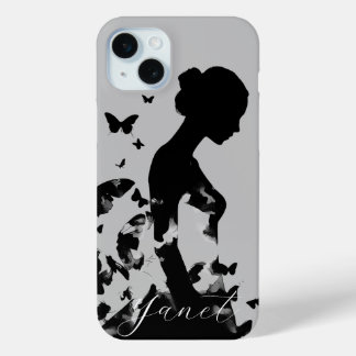 Ballerina & Butterflies Silhouette Black/Gray Name iPhone 15 Plus Case